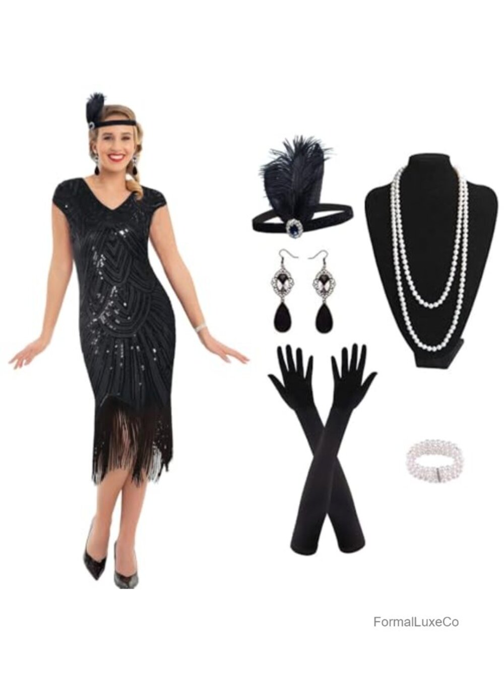 1920s Flapper Dress Set Sequin Fringed Gatsby Costume with Accessories